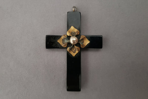 19th to Early 20th Century Vintage Mourning Jet Cross Pendant