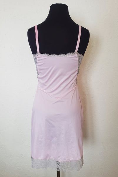 1960s Vintage Pale Pink and Gray Lace Full Slip, Extra Small to Small