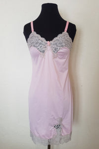 1960s Vintage Pale Pink and Gray Lace Full Slip, Extra Small to Small
