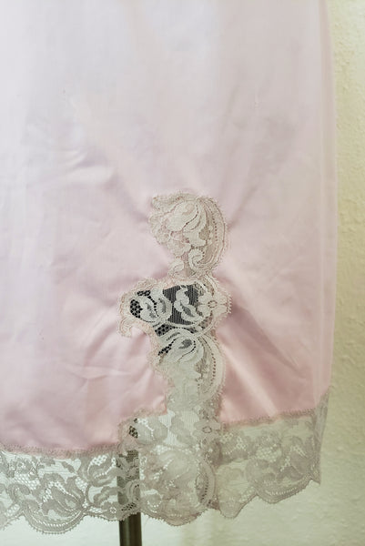 1960s Vintage Pale Pink and Gray Lace Full Slip, Extra Small to Small