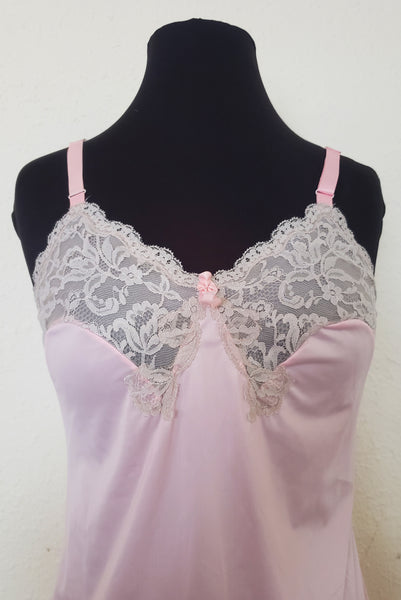 1960s Vintage Pale Pink and Gray Lace Full Slip, Extra Small to Small