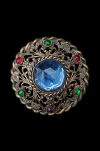 1900s Vintage Victorian Blue, Green, and Red Rhinestone Circular Brooch