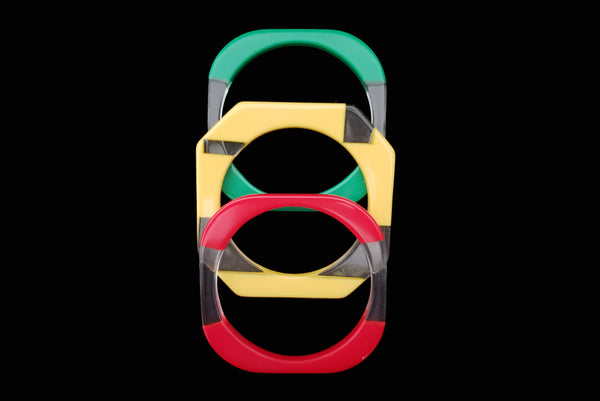 1960s Vintage Clear, Red, Yellow, and Green Square Three (3) Bangle Bracelet Set
