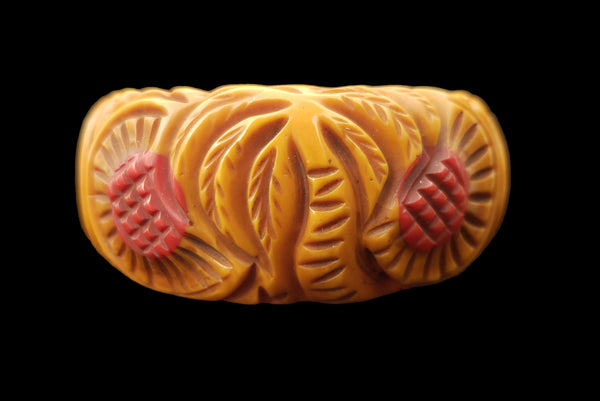 1990s Vintage Wide Palm Tree Carved Butterscotch w/ Red Dots Fakelite Bangle