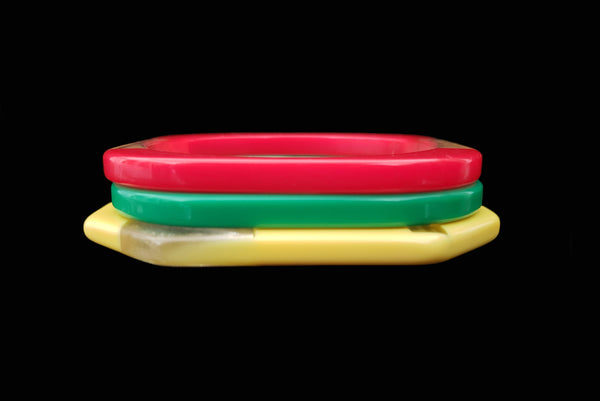 1960s Vintage Clear, Red, Yellow, and Green Square Three (3) Bangle Bracelet Set