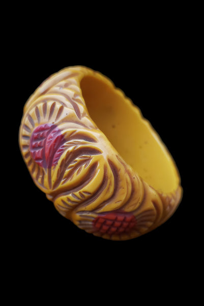 1990s Vintage Wide Palm Tree Carved Butterscotch w/ Red Dots Fakelite Bangle