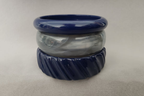 1980s Vintage Gray Marbled and Navy Blue Plastic Three (3) Bangle Bracelet Set