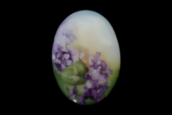 1900s Turn of the Century Vintage Painted Porcelain Violet Floral Brooch
