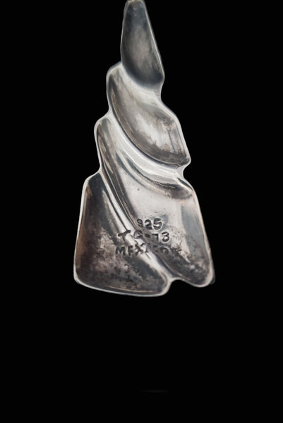 Detail view of 1980s vintage Taxco two-tone 925 sterling silver and brass triangular fish hook pierced drop earrings. Showing the "925/TC-13/Mexico" stamp.
