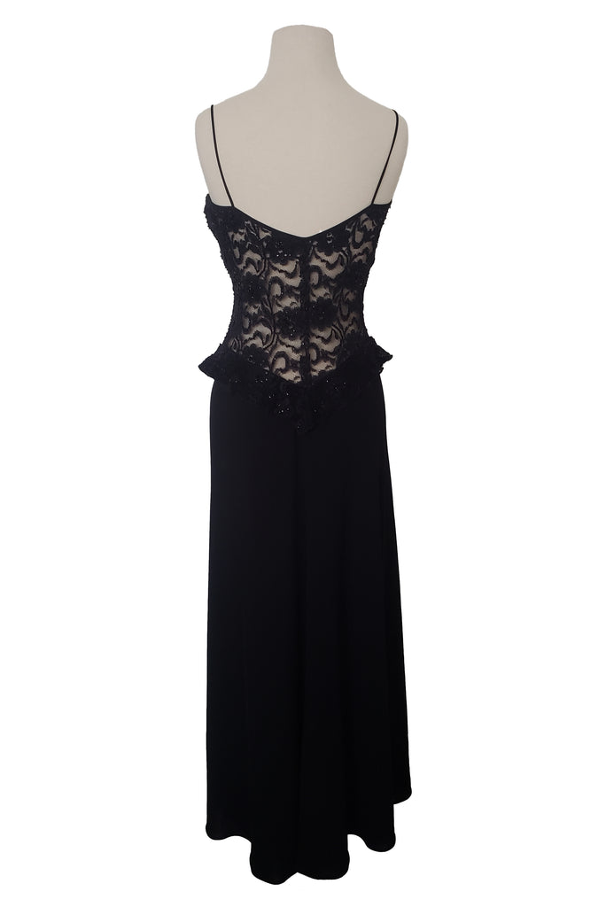 1990s Vintage Black Beaded Lace Back Maxi Dress by Laundry, Shelli Seg Leslie Courreges 1990s Vintage Black Beaded Lace Back Maxi Dress by Laundry, Shelli Seg Leslie Courreges