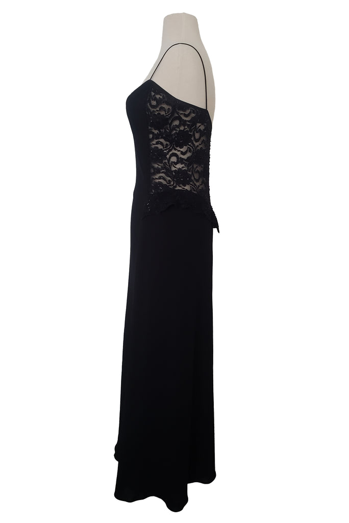 1990s Vintage Black Beaded Lace Back Maxi Dress by Laundry, Shelli Seg Leslie Courreges 1990s Vintage Black Beaded Lace Back Maxi Dress by Laundry, Shelli Seg Leslie Courreges