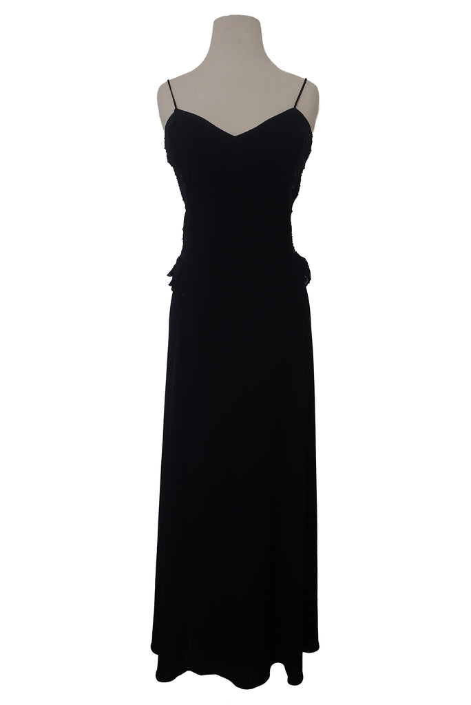 1990s Vintage Black Beaded Lace Back Maxi Dress by Laundry, Shelli Seg Leslie Courreges 1990s Vintage Black Beaded Lace Back Maxi Dress by Laundry, Shelli Seg Leslie Courreges