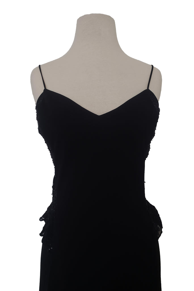 1990s Vintage Black Beaded Lace Back Maxi Dress by Laundry, Shelli Seg Leslie Courreges 1990s Vintage Black Beaded Lace Back Maxi Dress by Laundry, Shelli Seg Leslie Courreges