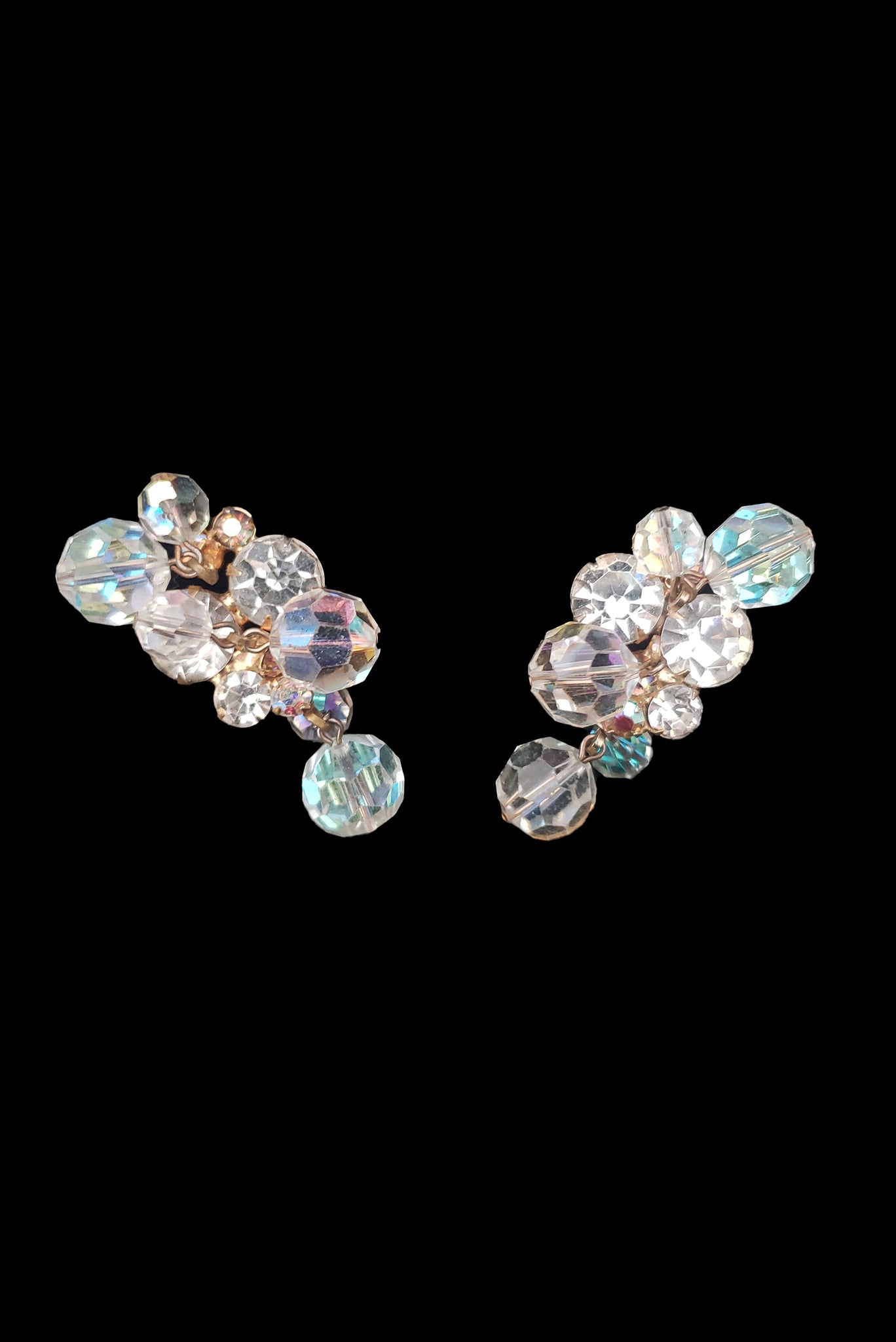 1960s Vintage Iridescent Rhinestone and Crystal Clip-On "Shake" Earrings