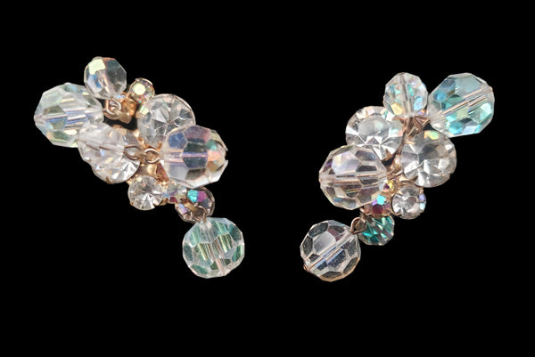 1960s Vintage Iridescent Rhinestone and Crystal Clip-On "Shake" Earrings