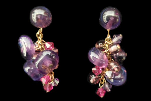 1950s Vintage Purple and Pink Glass and Crystal Beaded Clip-On Earrings by Castlecliff