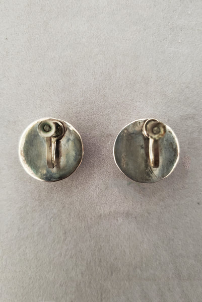 Vertical back view of 1950s vintage 925 sterling silver ball half round screw back earrings.