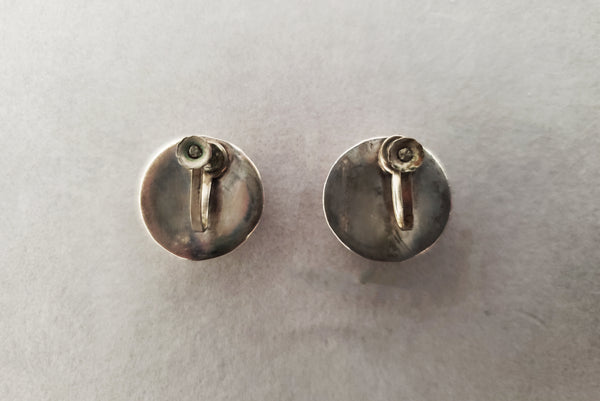 Horizontal back view of 1950s vintage 925 sterling silver ball half round screw back earrings.