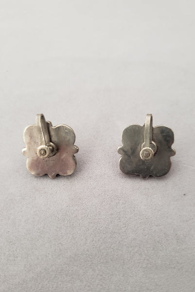 Vertical back view of 1940s vintage 925 sterling silver and turquoise blue round glass cabochon screw back earrings.