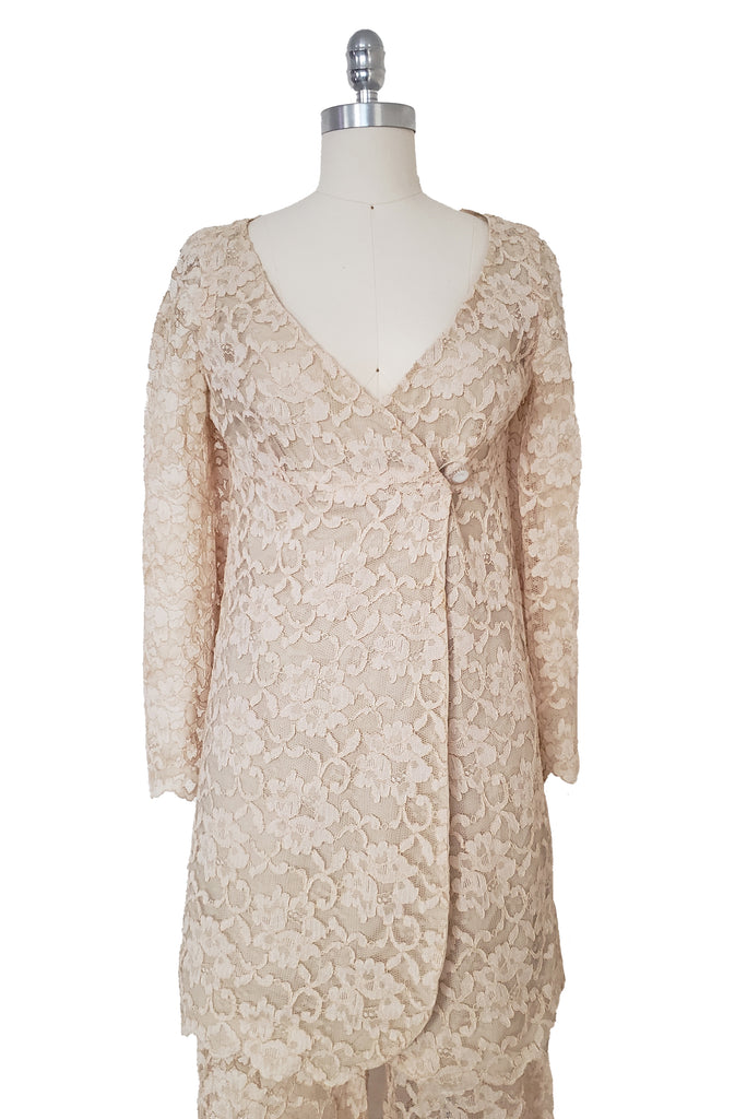 1960s Vintage Cream Lace Tunic Dress & Bellbottom Pantsuit, Extra Smal Leslie Courreges 1960s Vintage Cream Lace Tunic Dress & Bellbottom Pantsuit, Extra Smal Leslie Courreges