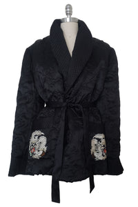 1940s Vintage Quilted Black Satin Asian Embroidered Loungewear Jacket, Medium to Large