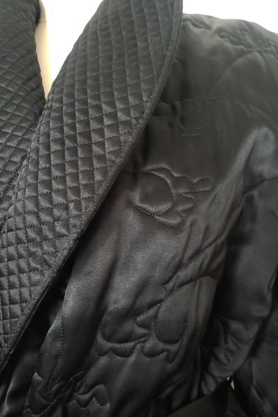 1940s Vintage Quilted Black Satin Asian Embroidered Loungewear Jacket, Medium to Large