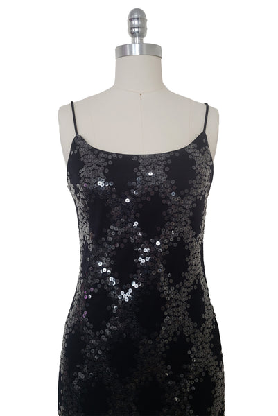 1990s Vintage Black Sequin Slip Dress by Hugo Buscati, Extra Small to Small