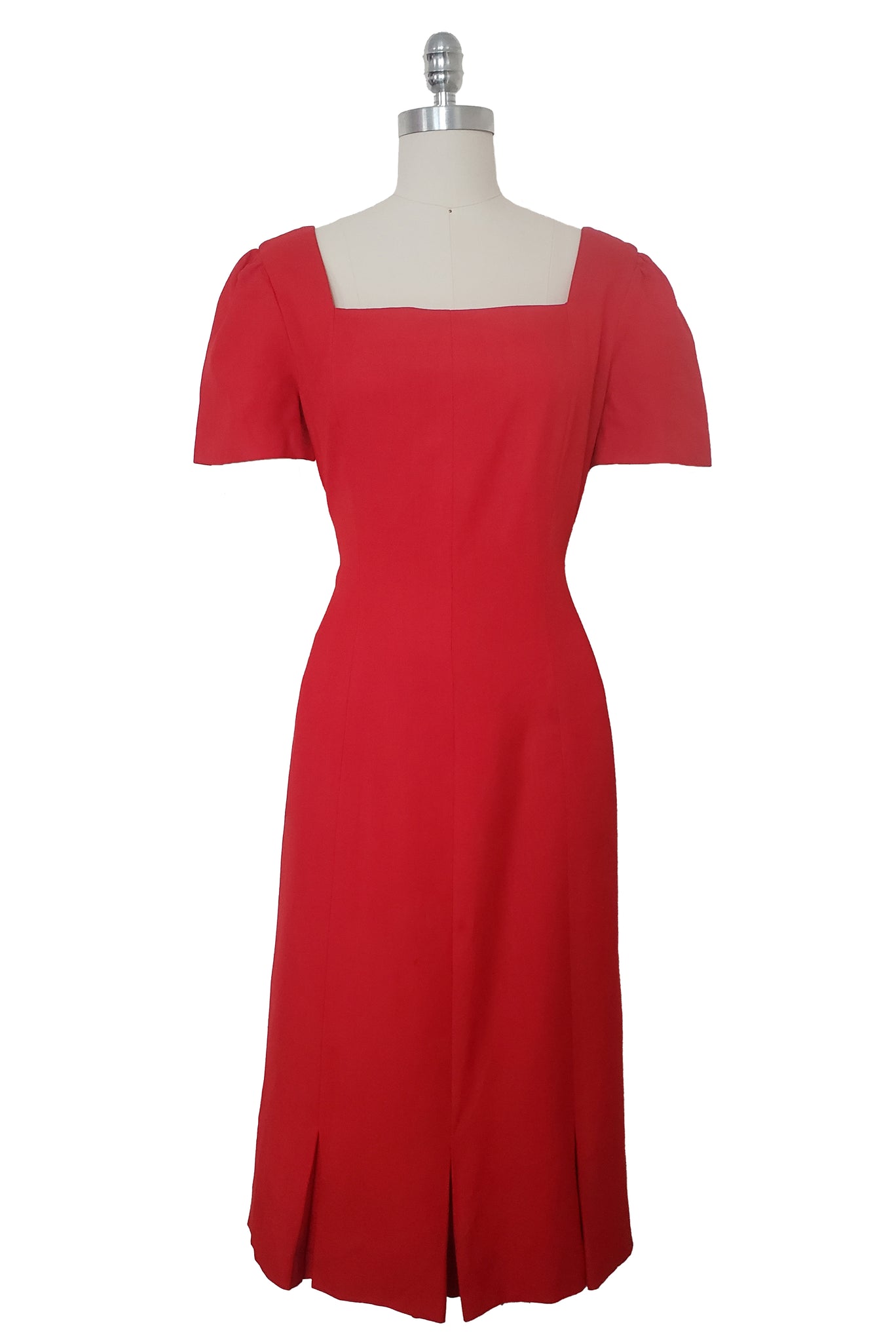 1990s Vintage Red Square Neck Dress by Adele Simpson, Small to Medium