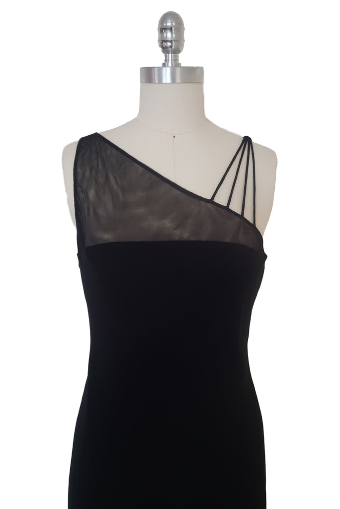 1990s Vintage Black Asymmetrical Midi Dress by Evan-Picone, Small to M Leslie Courreges 1990s Vintage Black Asymmetrical Midi Dress by Evan-Picone, Small to M Leslie Courreges