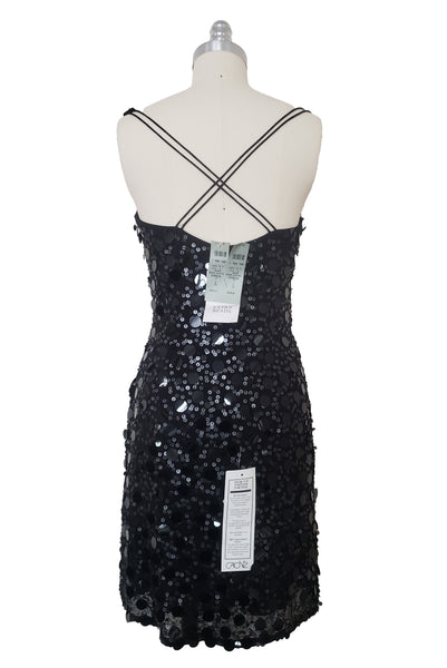 NWT 1990s Vintage Black Sequin Mesh Cocktail Dress by Cache, Extra Small to Small