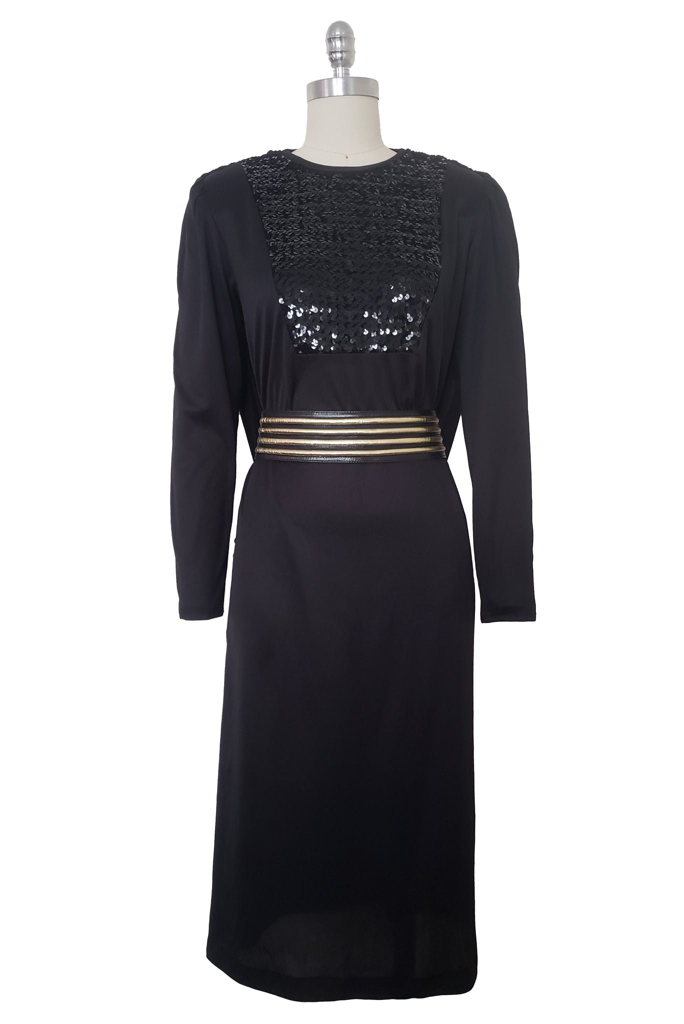 1980s Vintage Black Sequin Knit Dress with Draped Back, Small to Mediu Leslie Courreges 1980s Vintage Black Sequin Knit Dress with Draped Back, Small to Mediu Leslie Courreges