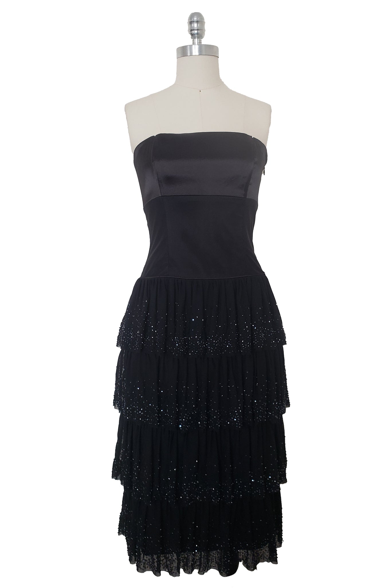 NWT 2000s Vintage Strapless Black Satin and Mesh Cocktail Dress by Laundry, Extra Small to Small