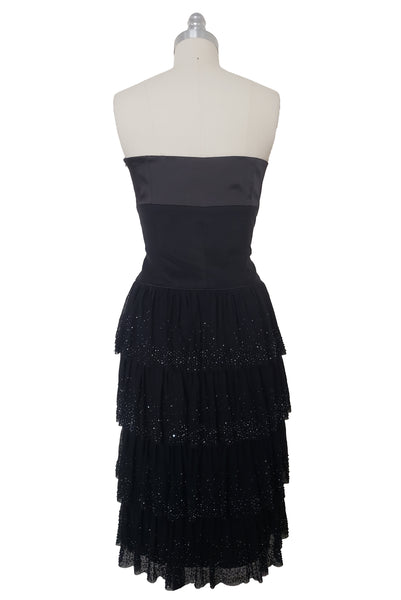NWT 2000s Vintage Strapless Black Satin and Mesh Cocktail Dress by Laundry, Extra Small to Small