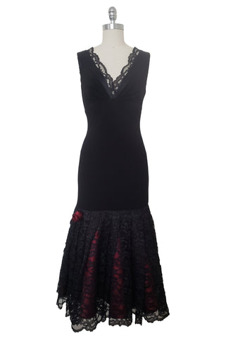 1990s Vintage Black and Oxblood Lace Flamenco Cocktail Dress, Laundry by Shelli Segal, Small to Medium