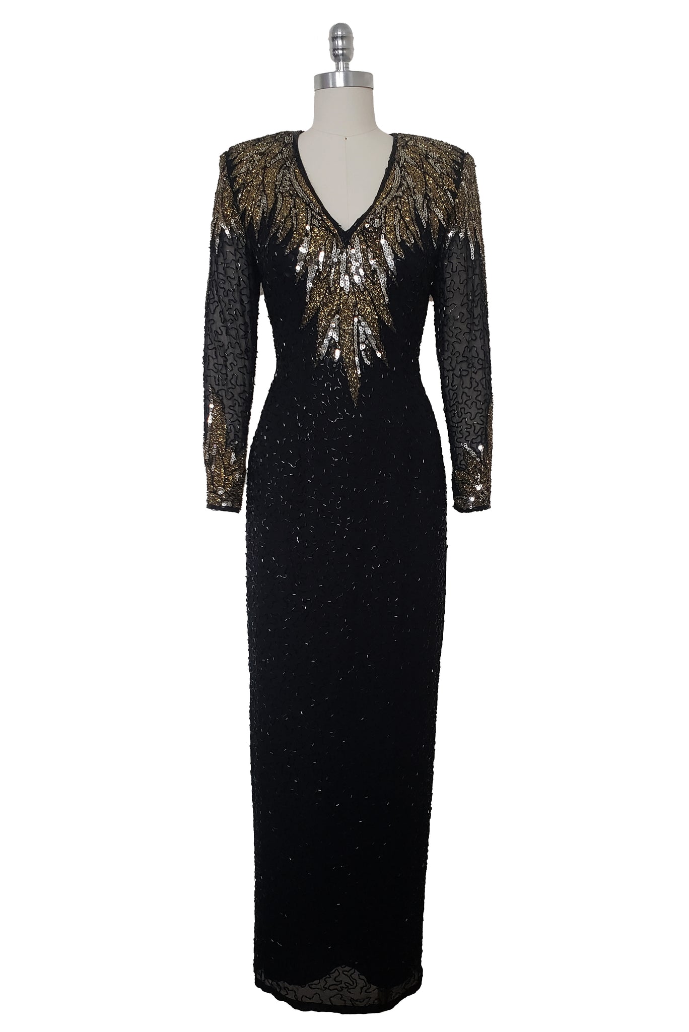 1990s Vintage Black Beaded Open Back Evening Dress by Oleg Cassini, Extra Small to Small