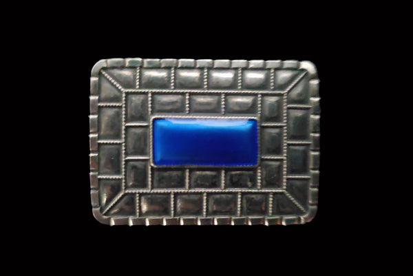 Horizontal front view of 1960s mid century vintage modernist rectangular blue enamel 925 sterling silver and brooch.