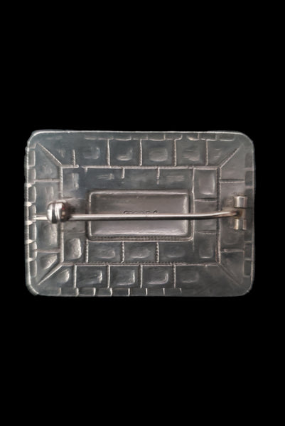 Vertical back view of 1960s mid century vintage modernist rectangular blue enamel 925 sterling silver and brooch.