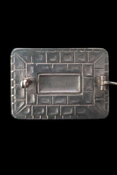 Horizontal back view of 1960s mid century vintage modernist rectangular blue enamel 925 sterling silver and brooch.
