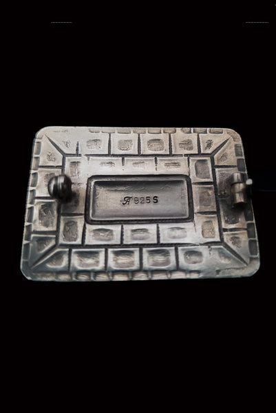 Vertical back view of 1960s mid century vintage modernist rectangular blue enamel 925 sterling silver and brooch. Showing the A925S stamp.