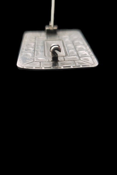 Detail view of 1960s mid century vintage modernist rectangular blue enamel 925 sterling silver and brooch. Showing the piece missing in the clasp.