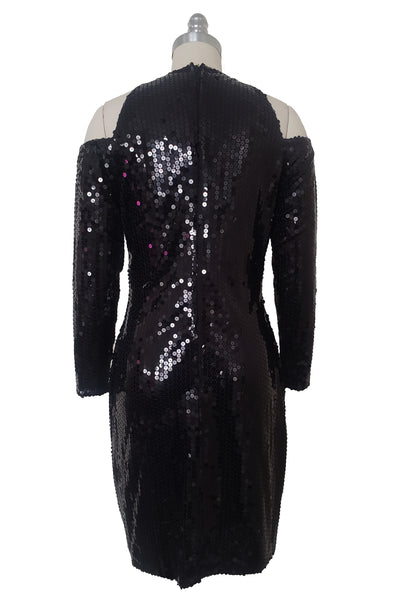 1990s Vintage Black Sequin Cold Shoulder Cocktail Dress by Hugo Buscati, Small to Medium
