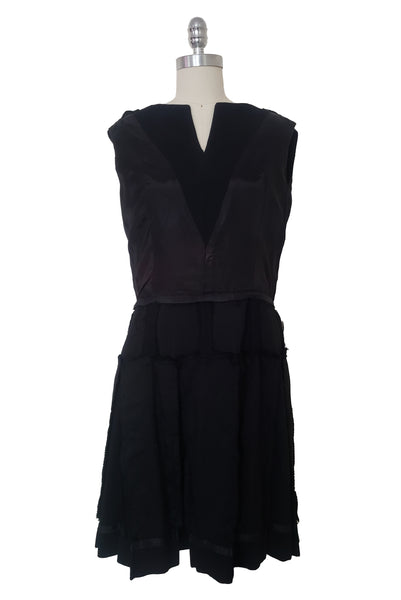 1960s Vintage Black Sleeveless Drop Waist Wool Crepe Day Dress, Small to Medium