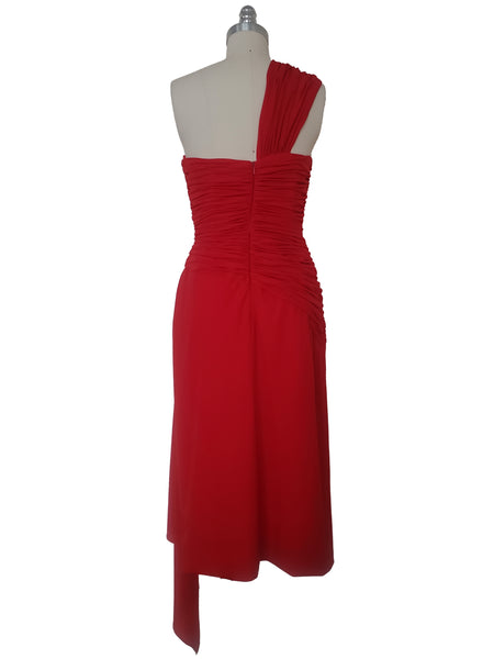 1990s Vintage Red Asymmetrical One Shoulder Cocktail Dress by Oleg Cassini, Extra Small to Small