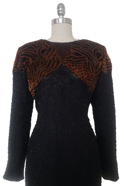 1990s Vintage BOB MACKIE Animal Print Velvet Beaded Black Silk Cocktail Dress, Small to Medium