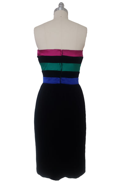 1990s Vintage VICTOR COSTA Black Velvet and Multicolor Satin Cocktail Dress, Extra Small to Small
