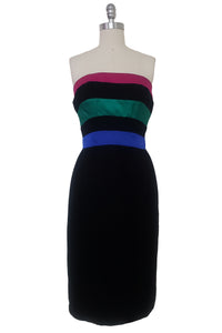 1990s Vintage VICTOR COSTA Black Velvet and Multicolor Satin Cocktail Dress, Extra Small to Small