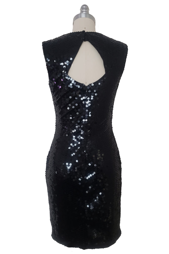 1990s Vintage Black Sequin Cocktail Dress by Nite Line, Extra Small to Leslie Courreges 1990s Vintage Black Sequin Cocktail Dress by Nite Line, Extra Small to Leslie Courreges