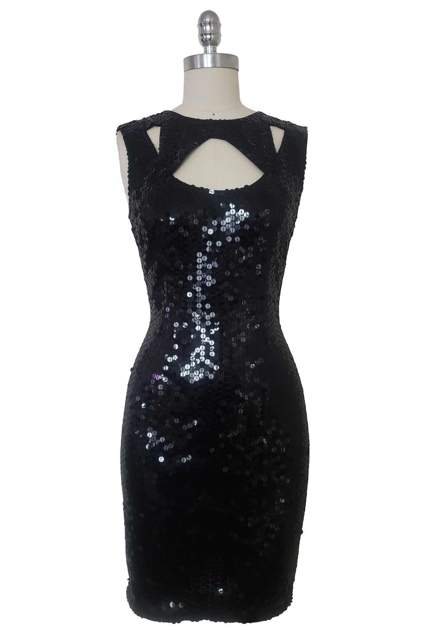 Front view of 1990s vintage black sequin cocktail bodycon dress with cut out neckline by Nite Line, extra small to small.