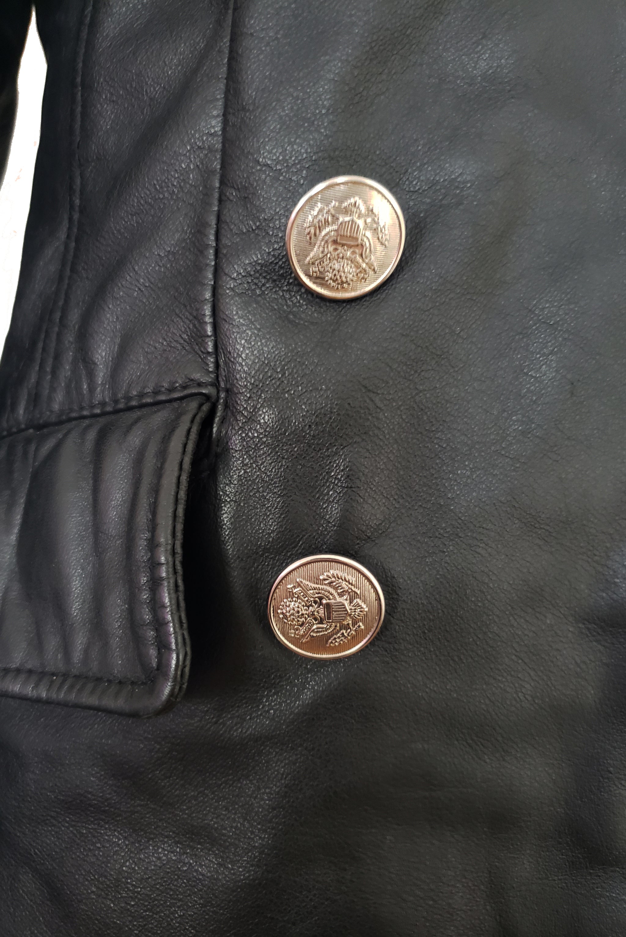 1990s Vintage Black Leather Double Breasted Military Inspired