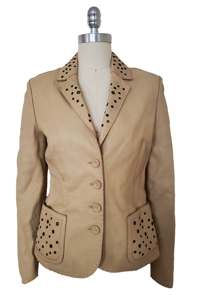 Front view of 1990s topstitched metal eyelet and stud embellished buff leather blazer by Donald Pliner, extra small to small.